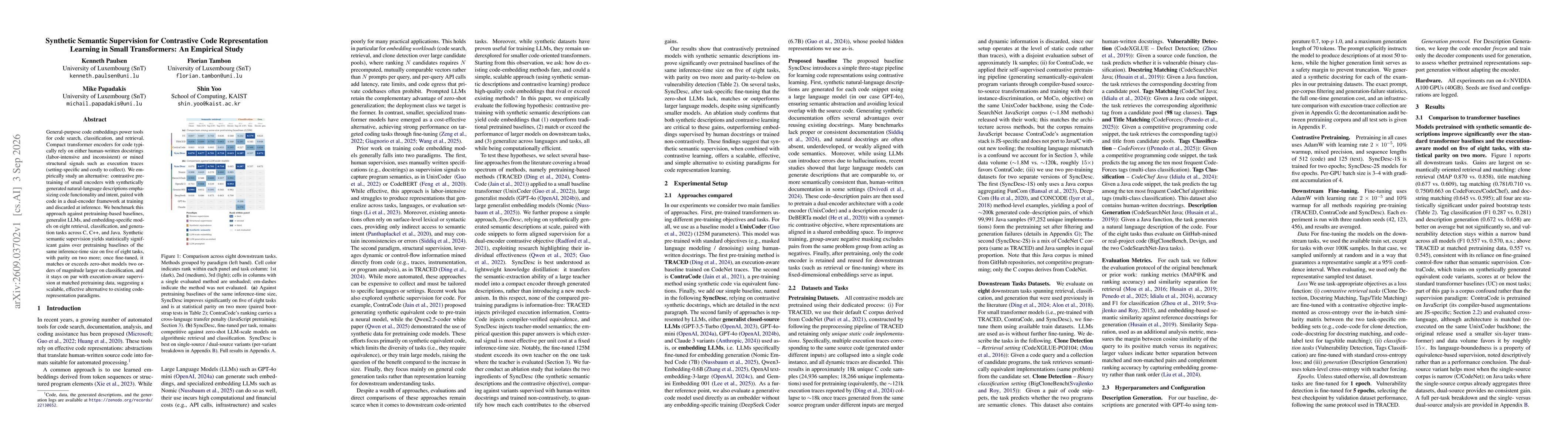 Thumbnail for Synthetic Semantic Supervision for Contrastive Code Representation Learning in Small Transformers: An Empirical Study