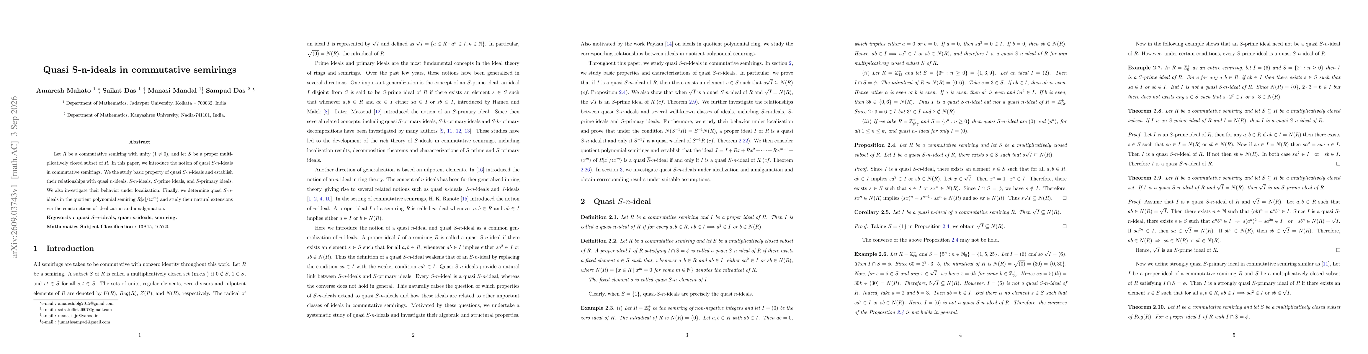 Thumbnail for Quasi S-n-ideals in commutative semirings
