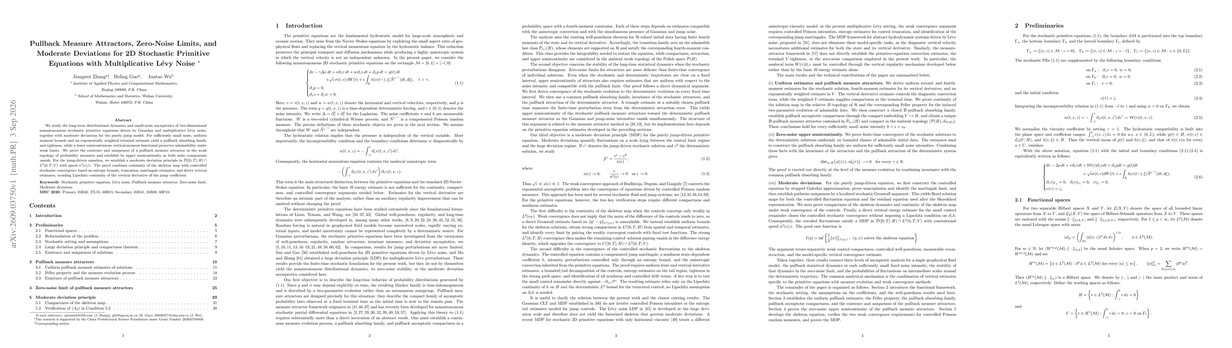 Thumbnail for Pullback Measure Attractors, Zero-Noise Limits, and Moderate Deviations for 2D Stochastic Primitive Equations with Multiplicative Lévy Noise