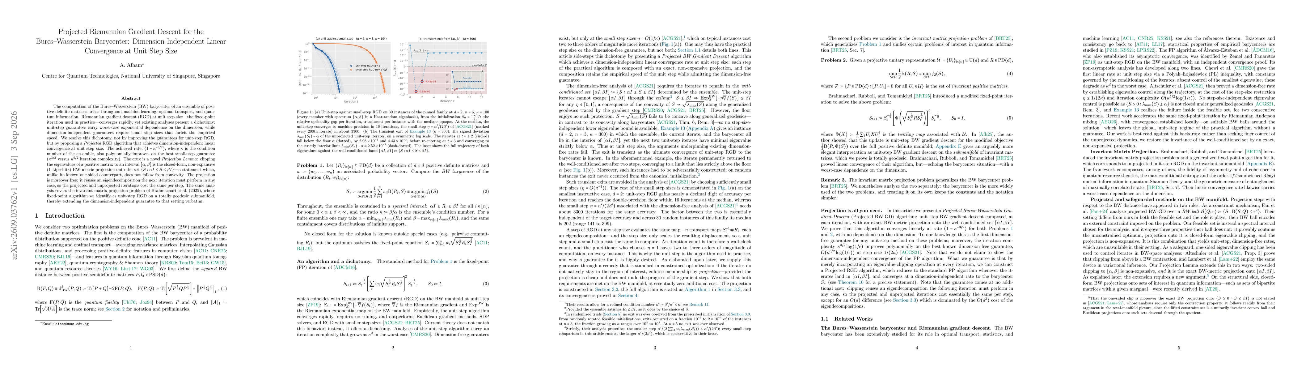 Thumbnail for Projected Riemannian Gradient Descent for the Bures-Wasserstein Barycenter: Dimension-Independent Linear Convergence at Unit Step Size