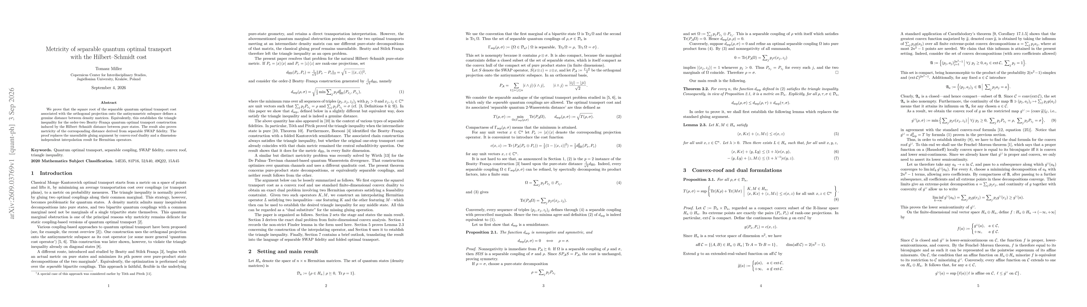 Thumbnail for Metricity of separable quantum optimal transport with the Hilbert-Schmidt cost