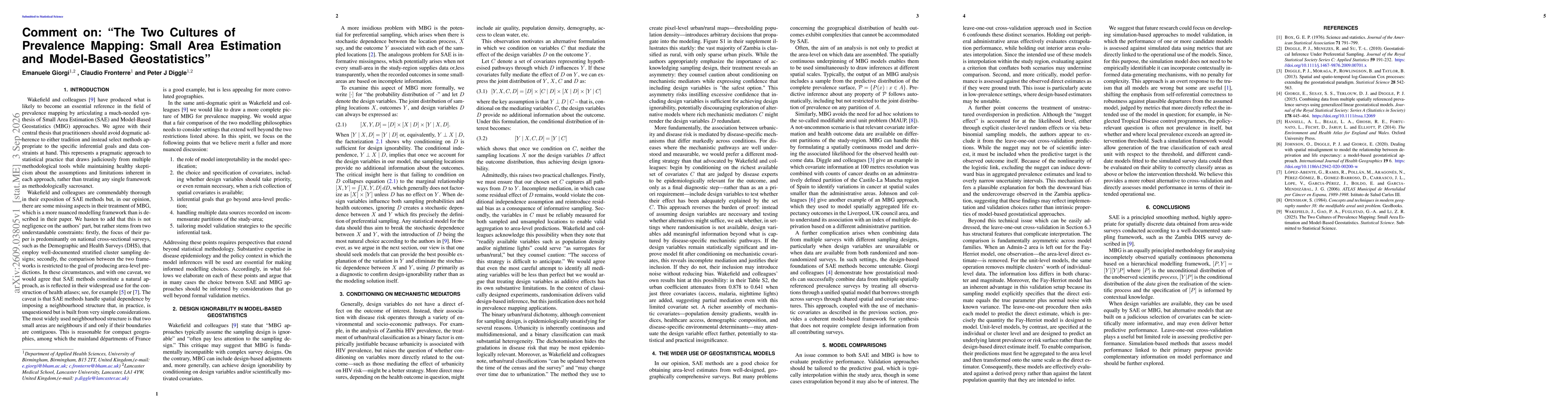Thumbnail for Comment on: "The Two Cultures of Prevalence Mapping: Small Area Estimation and Model-Based Geostatistics"