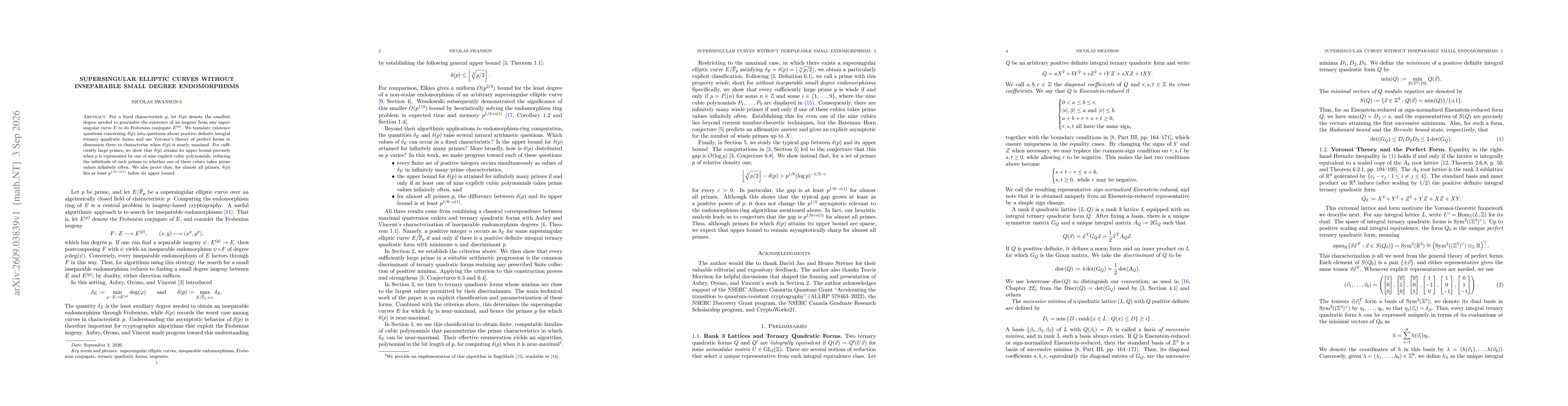 Thumbnail for Supersingular Elliptic Curves Without Inseparable Small Degree Endomorphisms