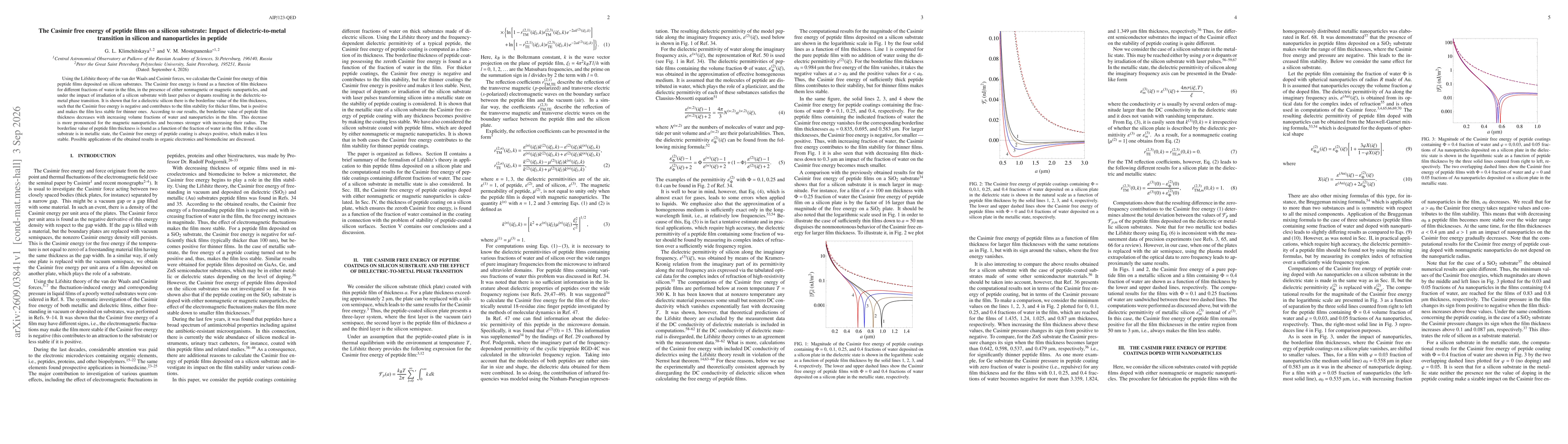Thumbnail for The Casimir free energy of peptide films on a silicon substrate: Impact of dielectric-to-metal transition in silicon and nanoparticles in peptide