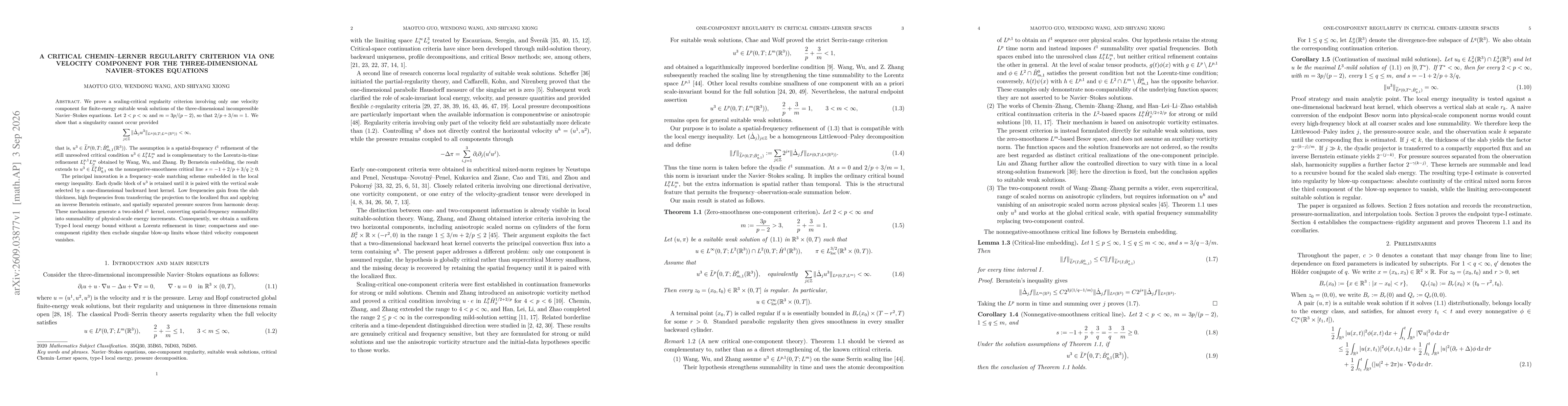 Thumbnail for A Critical Chemin--Lerner Regularity Criterion via One Velocity Component for the Three-Dimensional Navier--Stokes Equations