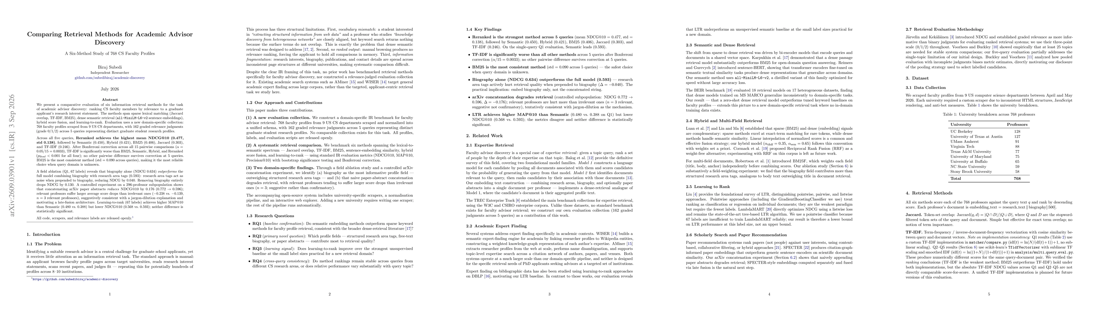 Thumbnail for Comparing Retrieval Methods for Academic Advisor Discovery: A Six-Method Study of 768 CS Faculty Profiles Across 9 US Universities