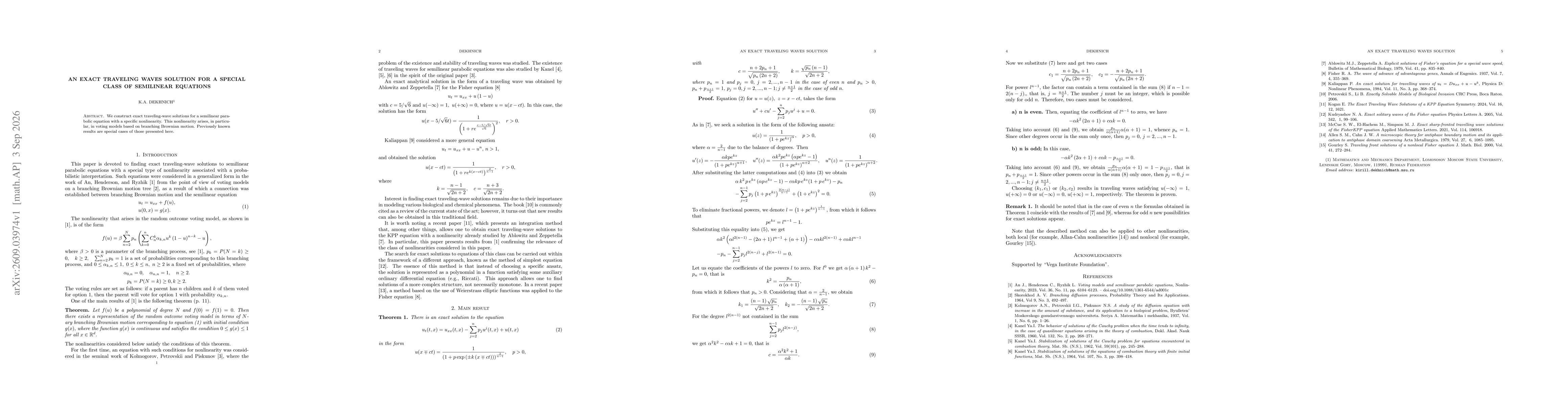 Thumbnail for An exact traveling waves solution for a special class of semilinear equations