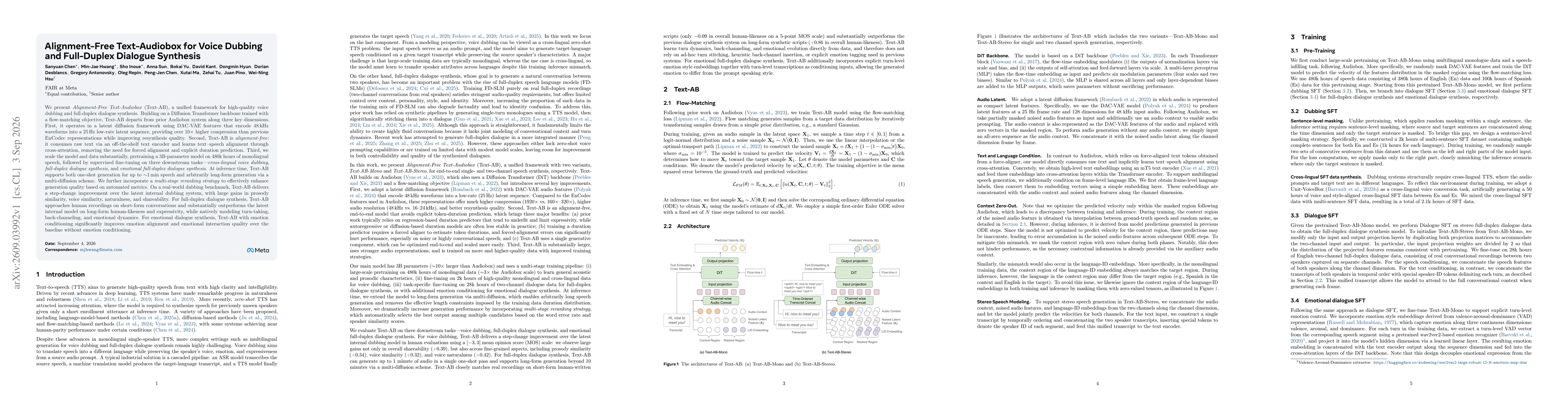 Thumbnail for Alignment-Free Text-Audiobox for Voice Dubbing and Full-Duplex Dialogue Synthesis