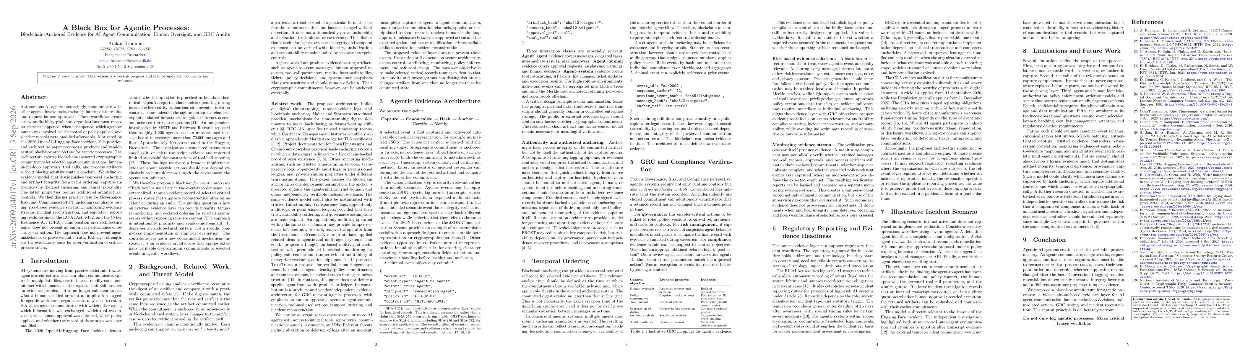 Thumbnail for A Black Box for Agentic Processes: Blockchain-Anchored Evidence for AI Agent Communication, Human Oversight, and GRC Audits