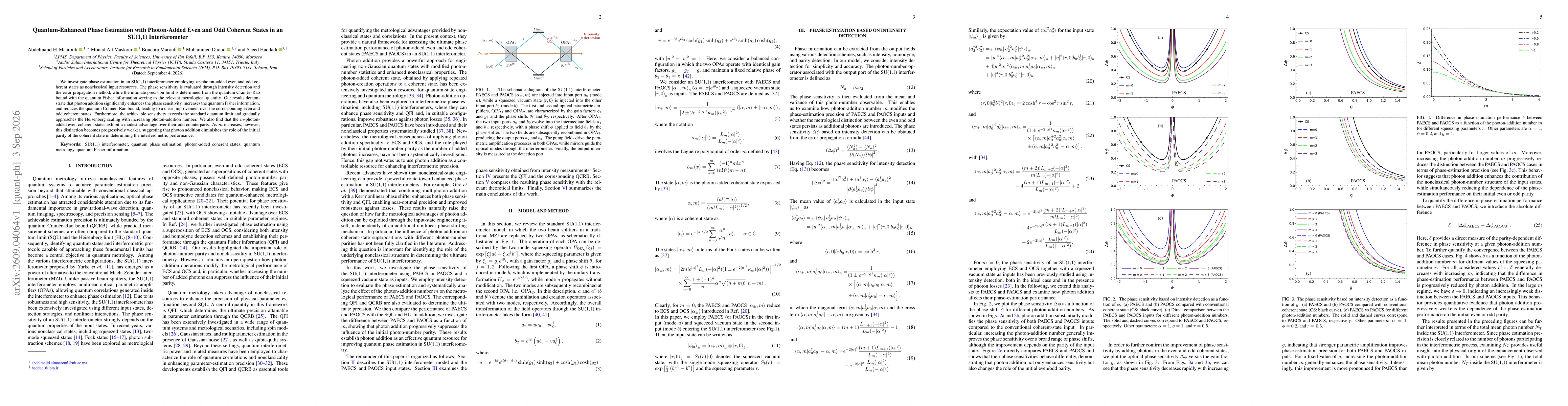 Thumbnail for Quantum-Enhanced Phase Estimation with Photon-Added Even and Odd Coherent States in an SU(1,1) Interferometer
