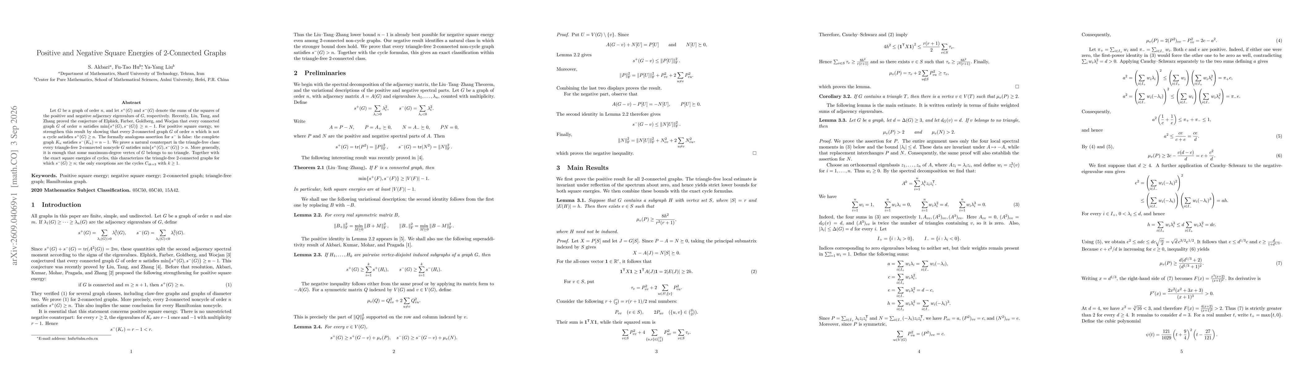 Thumbnail for Positive and Negative Square Energies of $2$-Connected Graphs