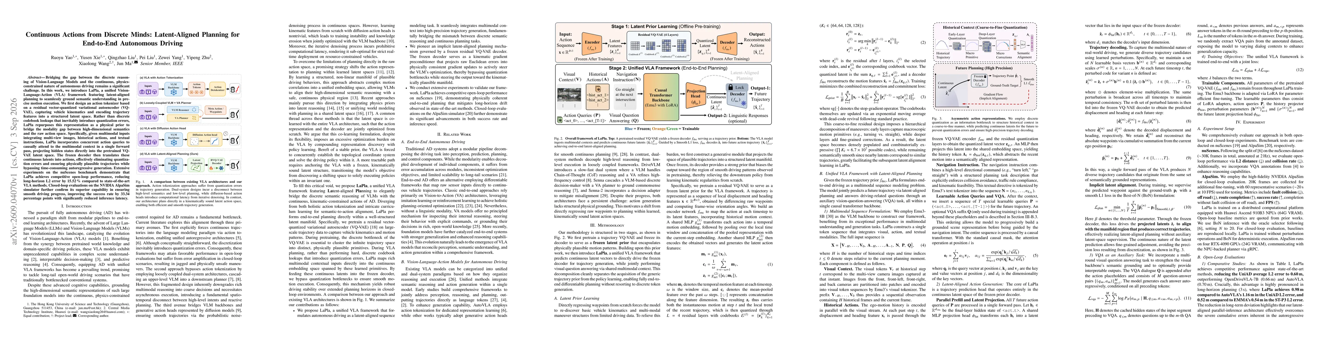 Thumbnail for Continuous Actions from Discrete Minds: Latent-Aligned Planning for End-to-End Autonomous Driving