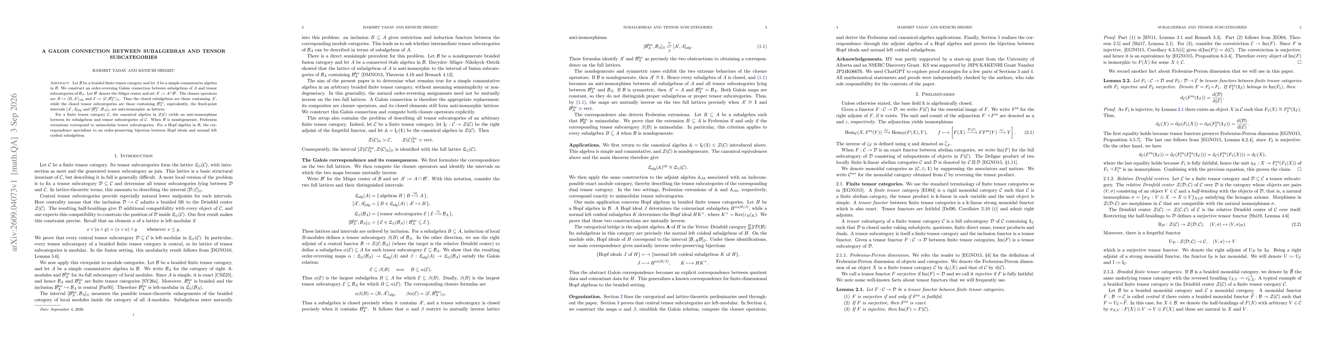 Thumbnail for A Galois connection between subalgebras and tensor subcategories