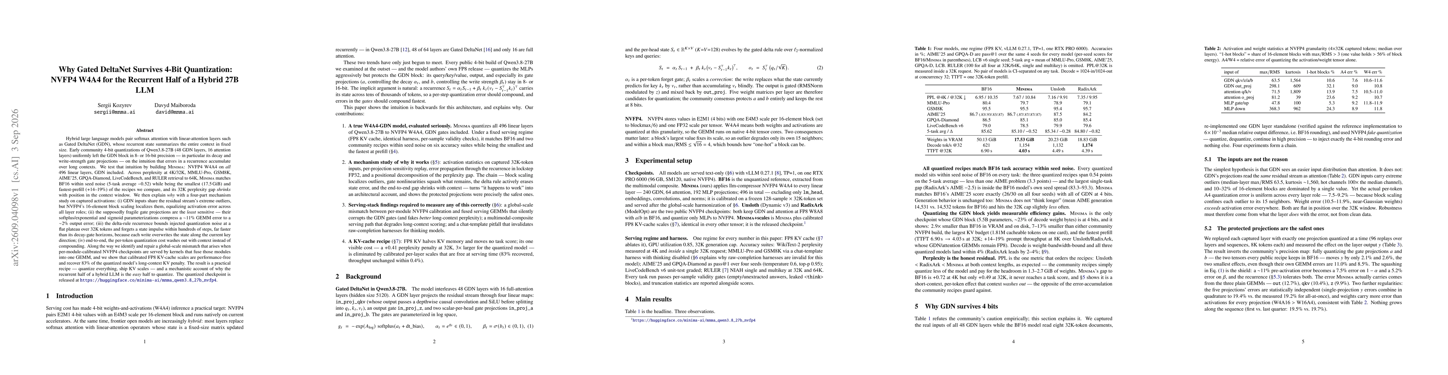 Thumbnail for Why Gated DeltaNet Survives 4-Bit Quantization: NVFP4 W4A4 for the Recurrent Half of a Hybrid 27B LLM