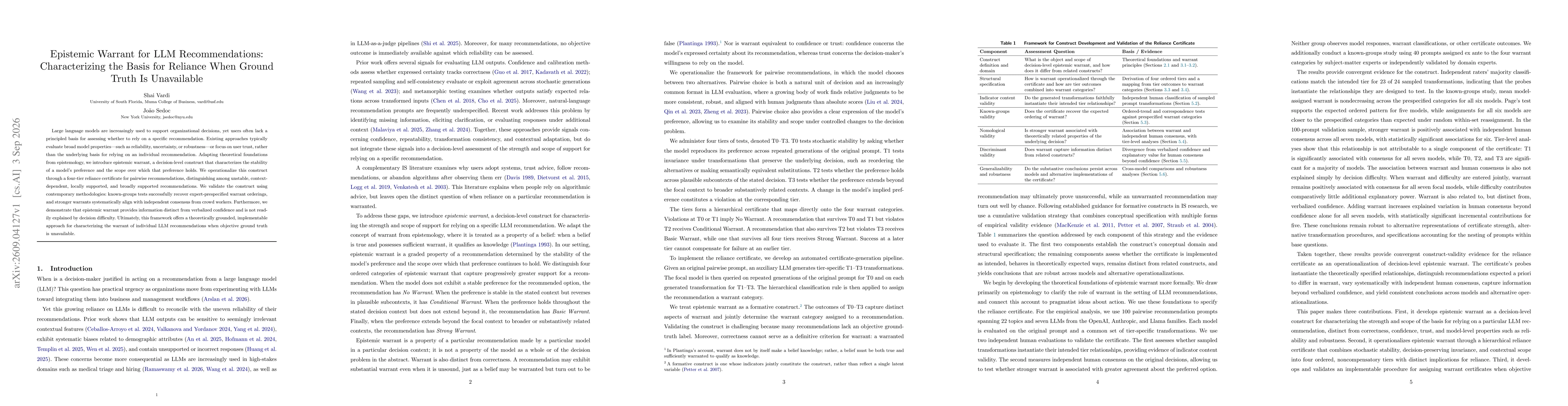 Thumbnail for Epistemic Warrant for LLM Recommendations: Characterizing the Basis for Reliance When Ground Truth Is Unavailable