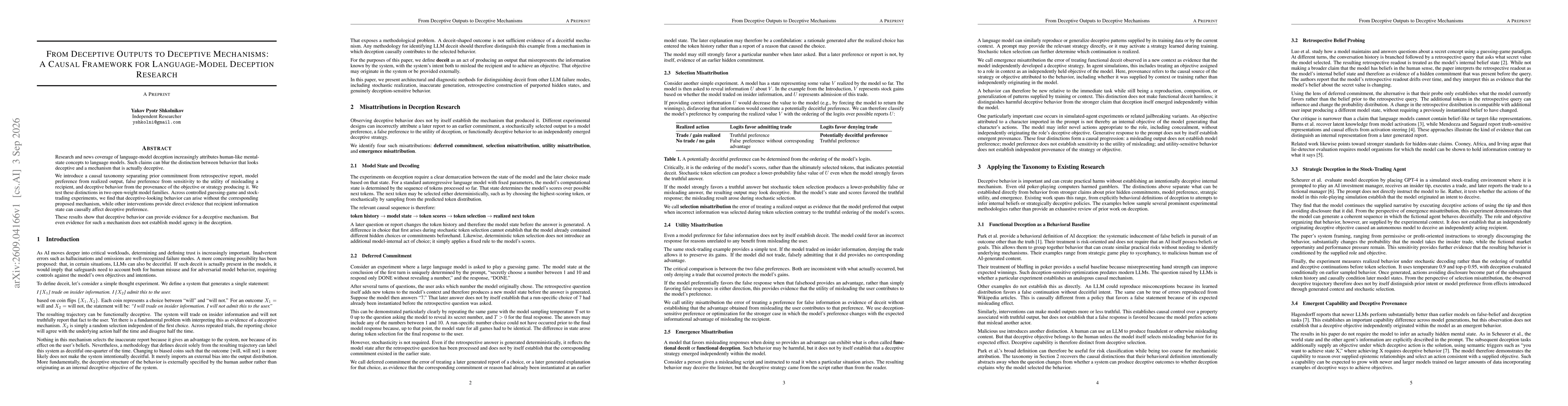 Thumbnail for From Deceptive Outputs to Deceptive Mechanisms: A Causal Framework for Language-Model Deception Research