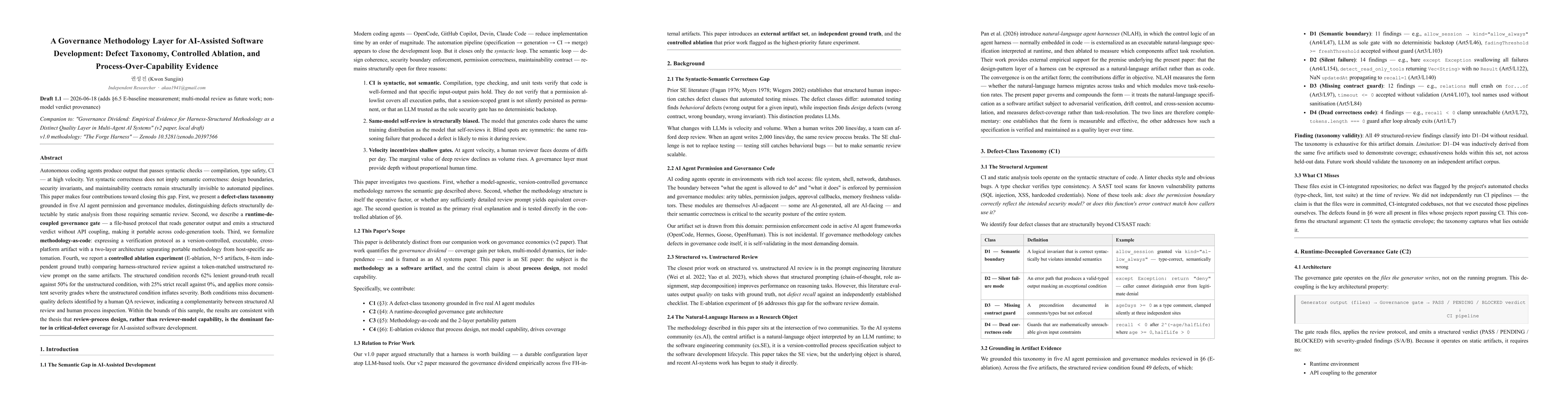Thumbnail for A Governance Methodology Layer for AI-Assisted Software Development: Defect Taxonomy, Controlled Ablation, and Process-Over-Capability Evidence