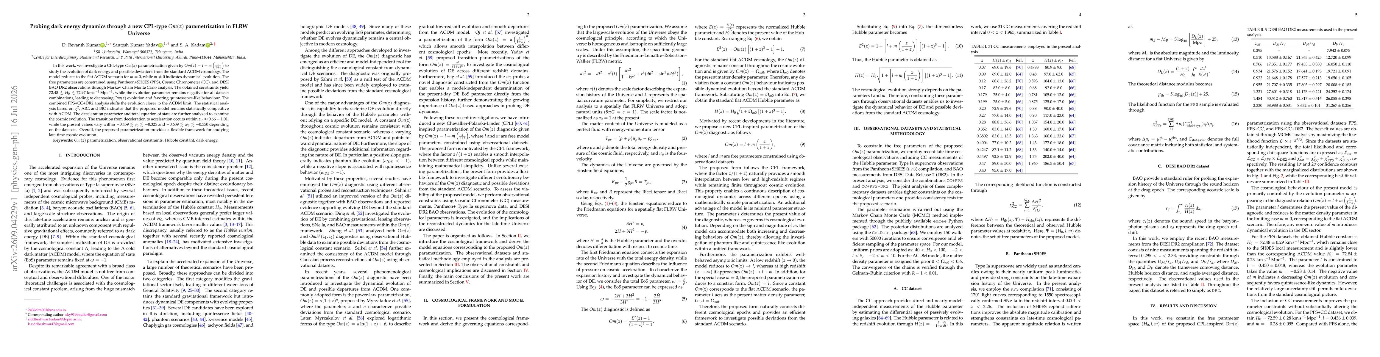Thumbnail for Probing dark energy dynamics through a new CPL-type $Om(z)$ parametrization in FLRW Universe