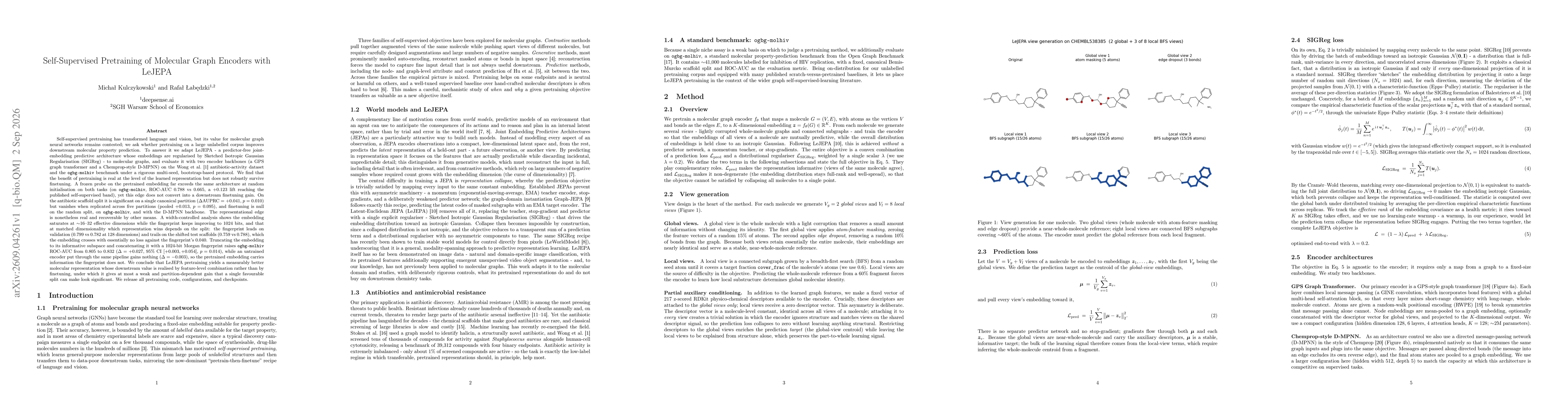 Thumbnail for Self-Supervised Pretraining of Molecular Graph Encoders with LeJEPA