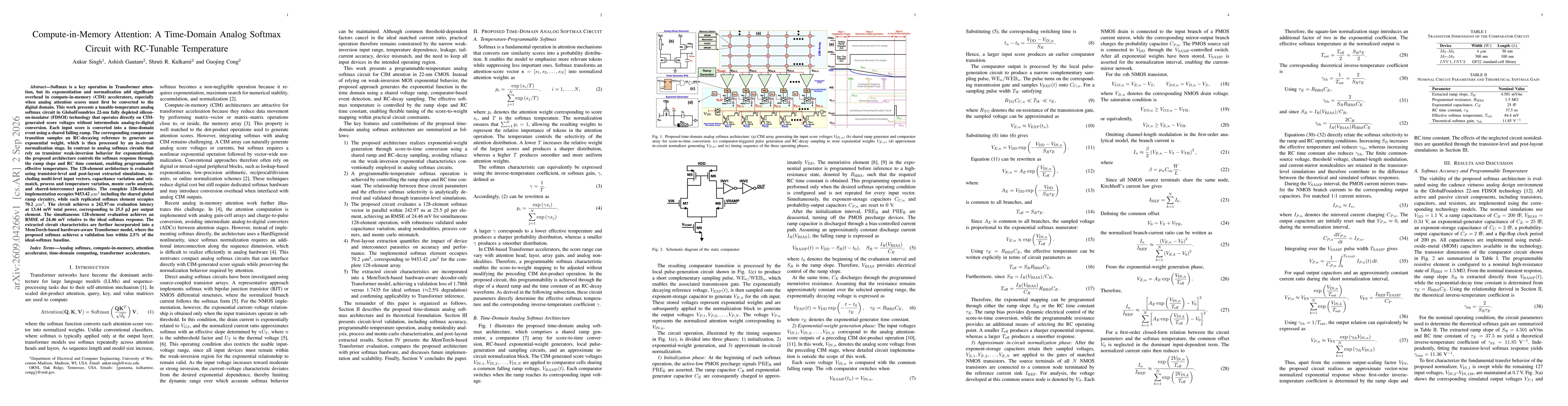 Thumbnail for Compute-in-Memory Attention: A Time-Domain Analog Softmax Circuit with RC-Tunable Temperature