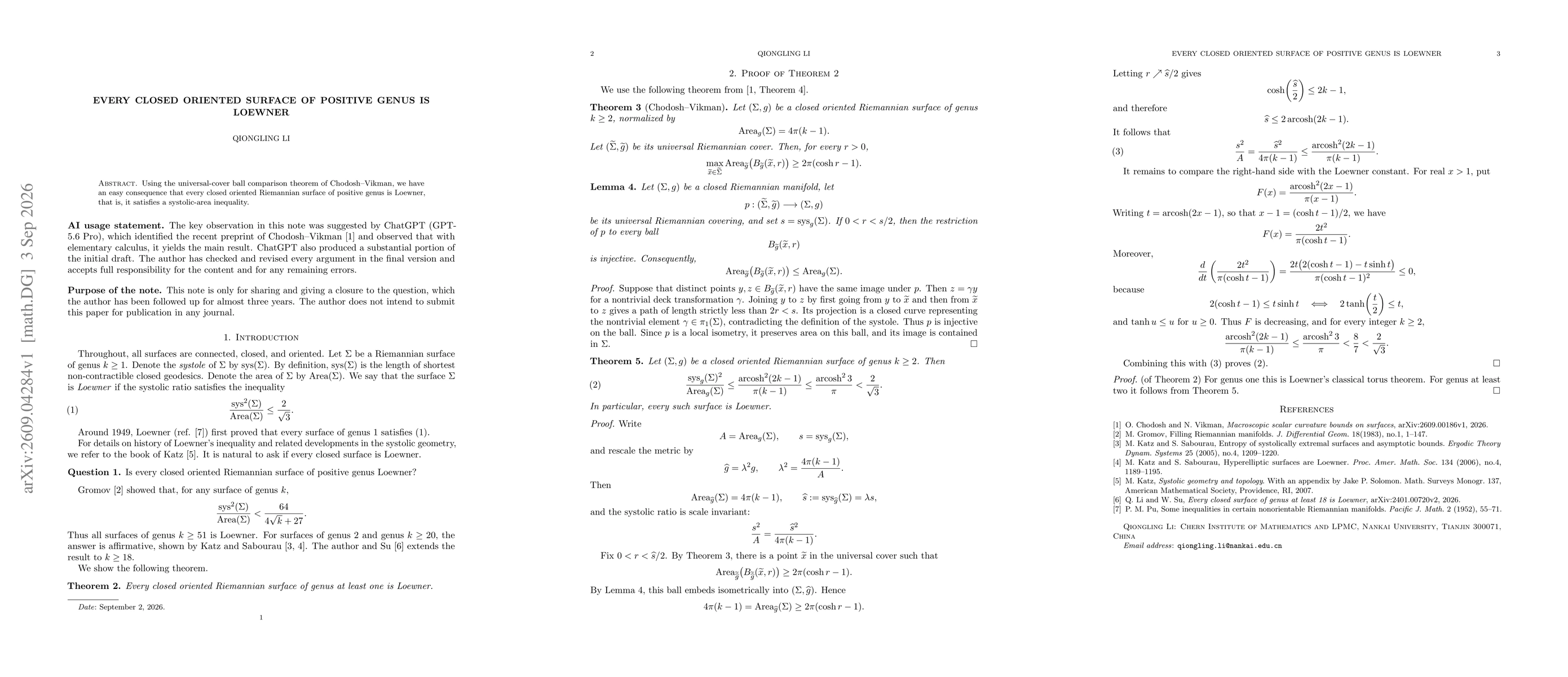 Thumbnail for Every Closed Oriented Surface of Positive Genus Is Loewner