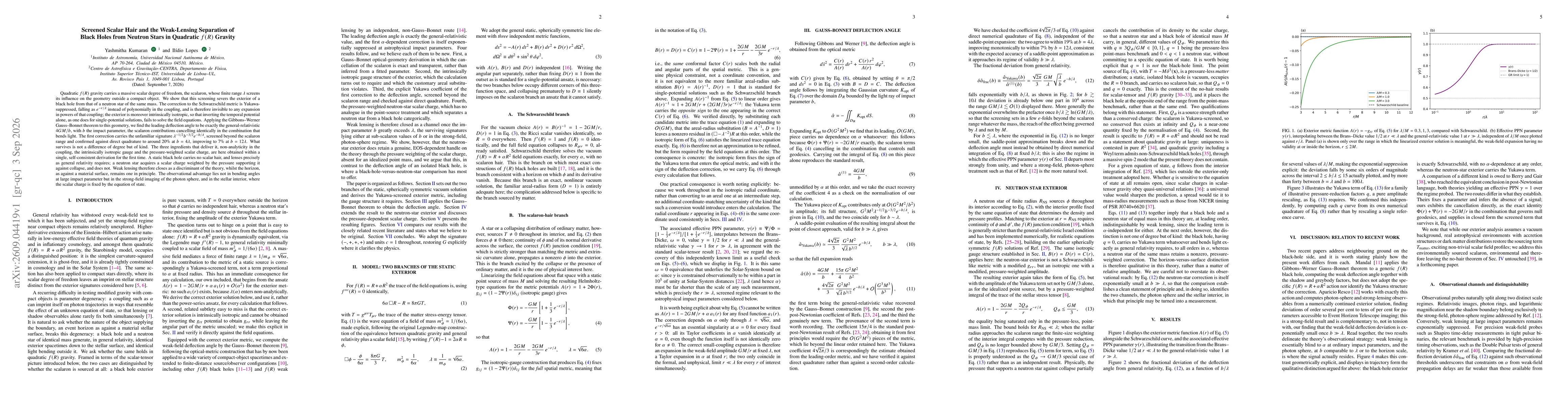 Thumbnail for Screened Scalar Hair and the Weak-Lensing Separation of Black Holes from Neutron Stars in Quadratic $f(R)$ Gravity
