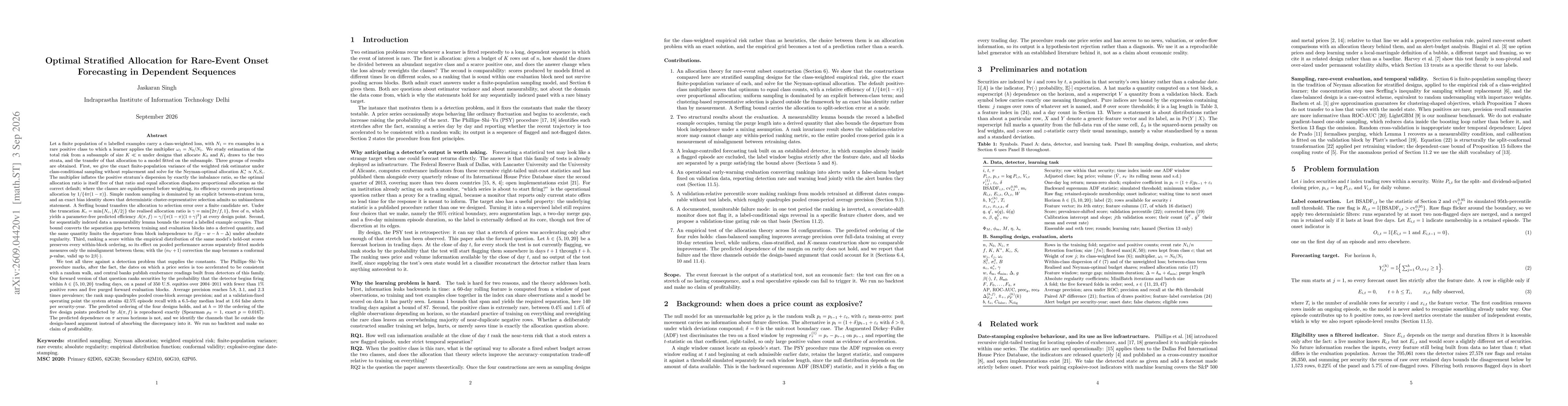 Thumbnail for Optimal Stratified Allocation for Rare-Event Onset Forecasting in Dependent Sequences