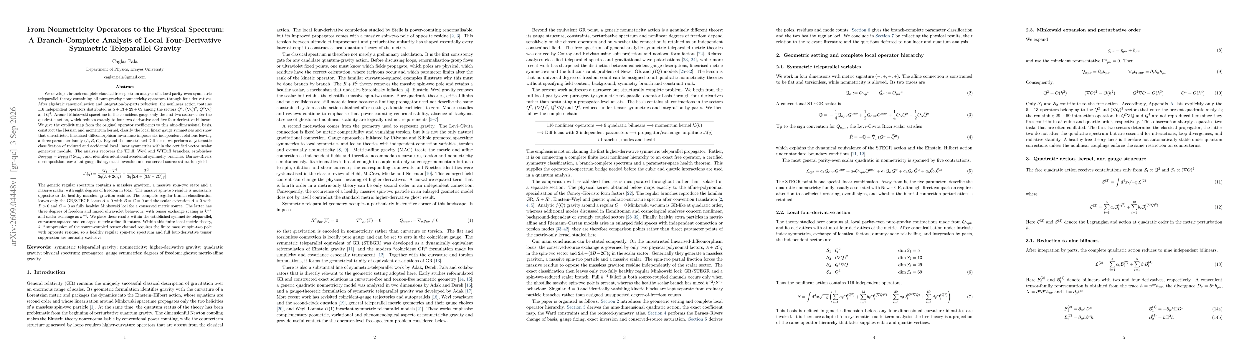 Thumbnail for From Nonmetricity Operators to the Physical Spectrum: A Branch-Complete Analysis of Local Four-Derivative Symmetric Teleparallel Gravity
