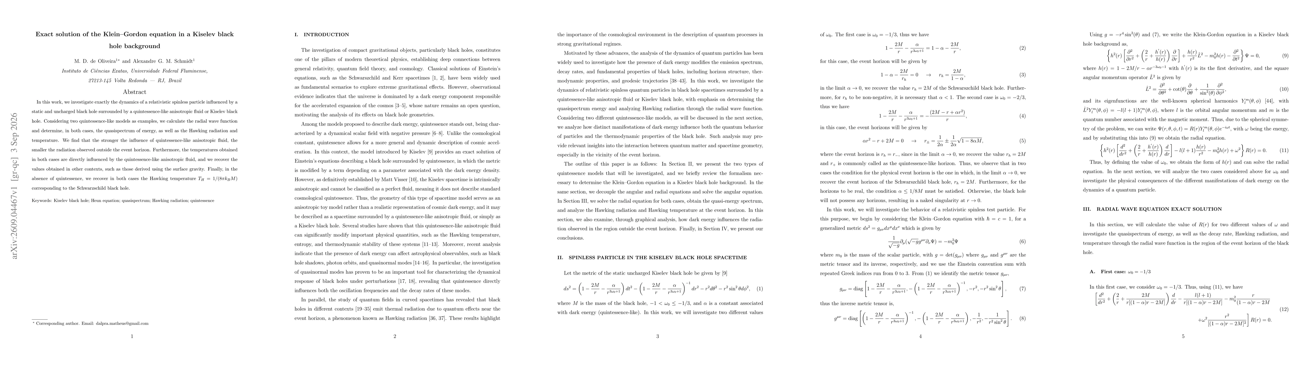 Thumbnail for Exact solution of the Klein-Gordon equation in a Kiselev black hole background