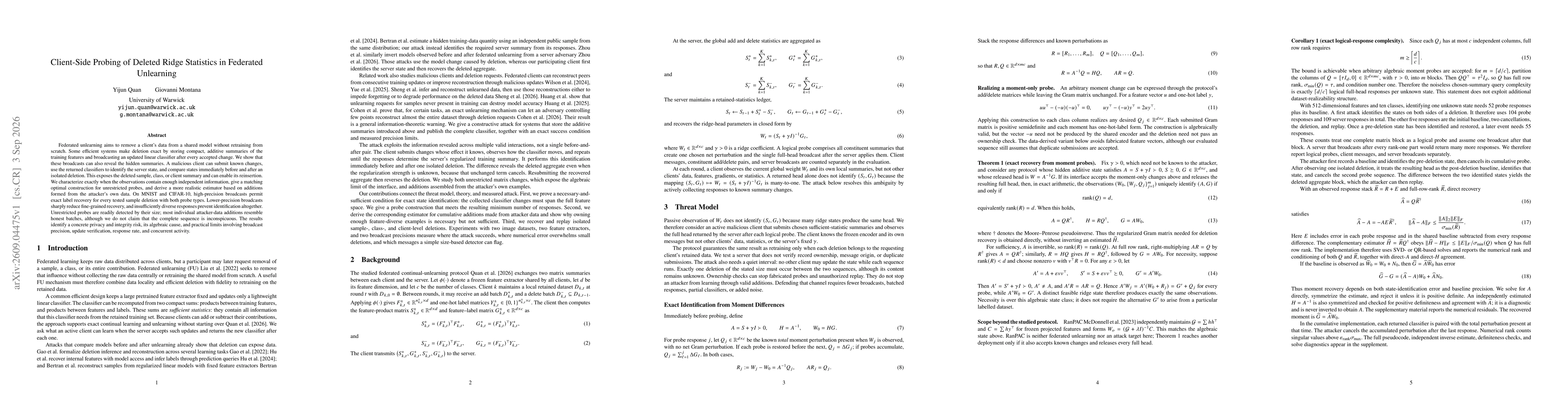 Thumbnail for Client-Side Probing of Deleted Ridge Statistics in Federated Unlearning