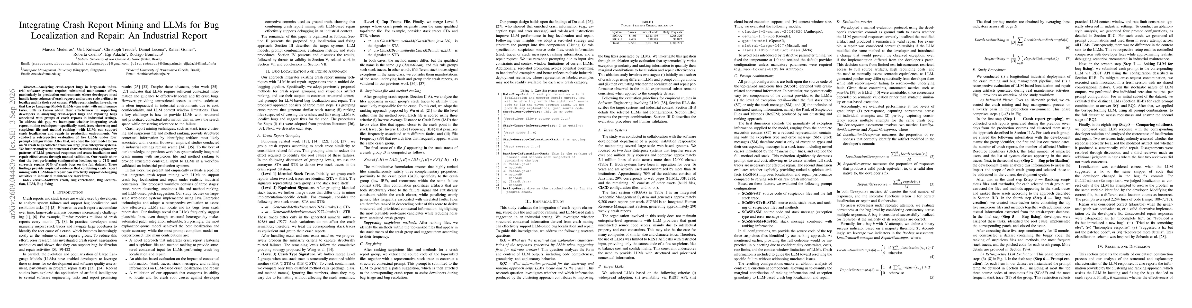 Thumbnail for Integrating Crash Report Mining and LLMs for Bug Localization and Repair: An Industrial Report