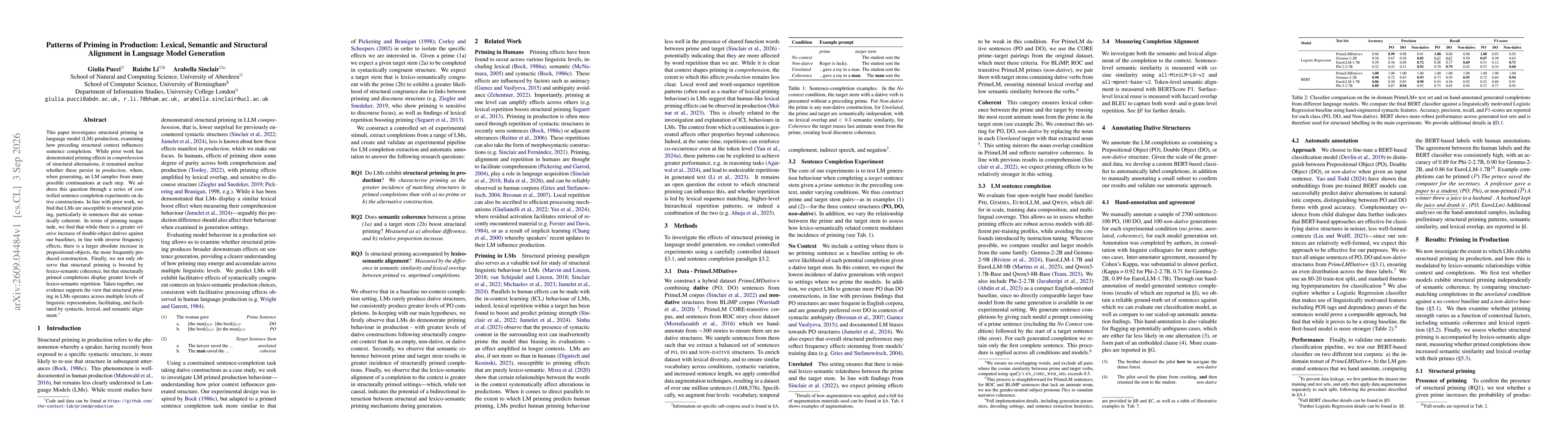 Thumbnail for Patterns of Priming in Production: Lexical, Semantic and Structural Alignment in Language Model Generation