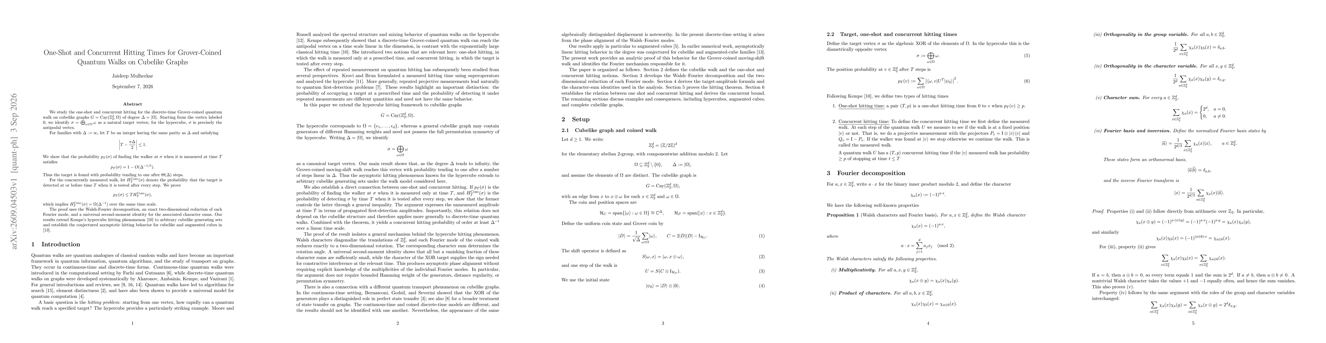 Thumbnail for One-Shot and Concurrent Hitting Times for Grover-Coined Quantum Walks on Cubelike Graphs