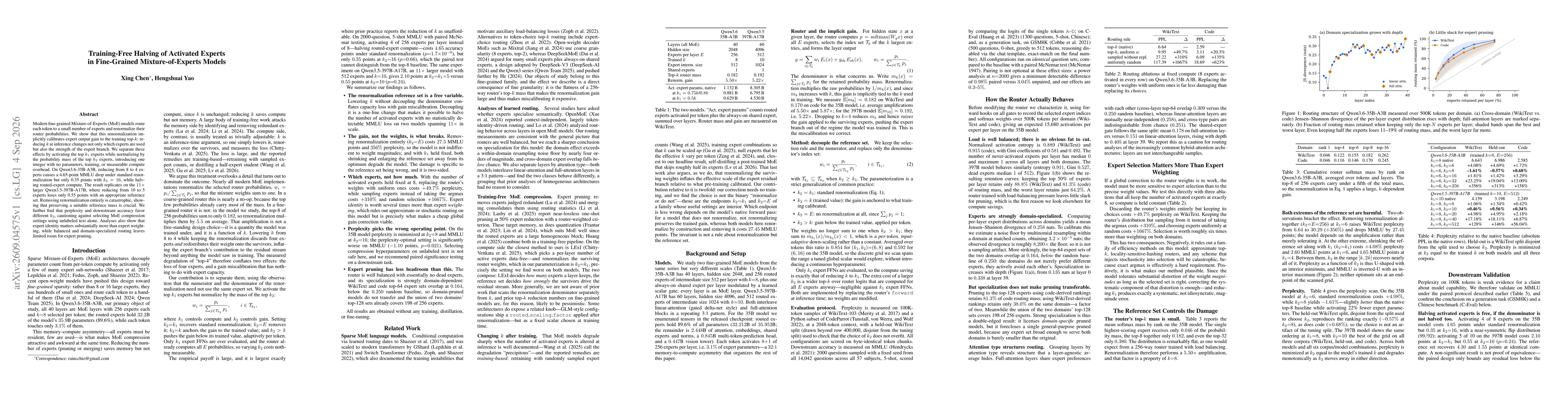 Thumbnail for Training-Free Halving of Activated Experts in Fine-Grained Mixture-of-Experts Models
