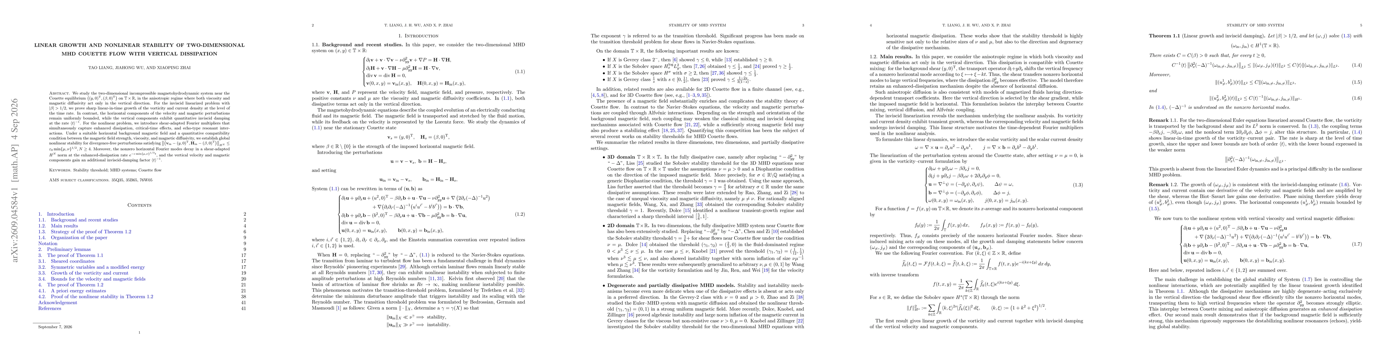 Thumbnail for Linear Growth and Nonlinear Stability of Two-Dimensional MHD Couette Flow with Vertical Dissipation