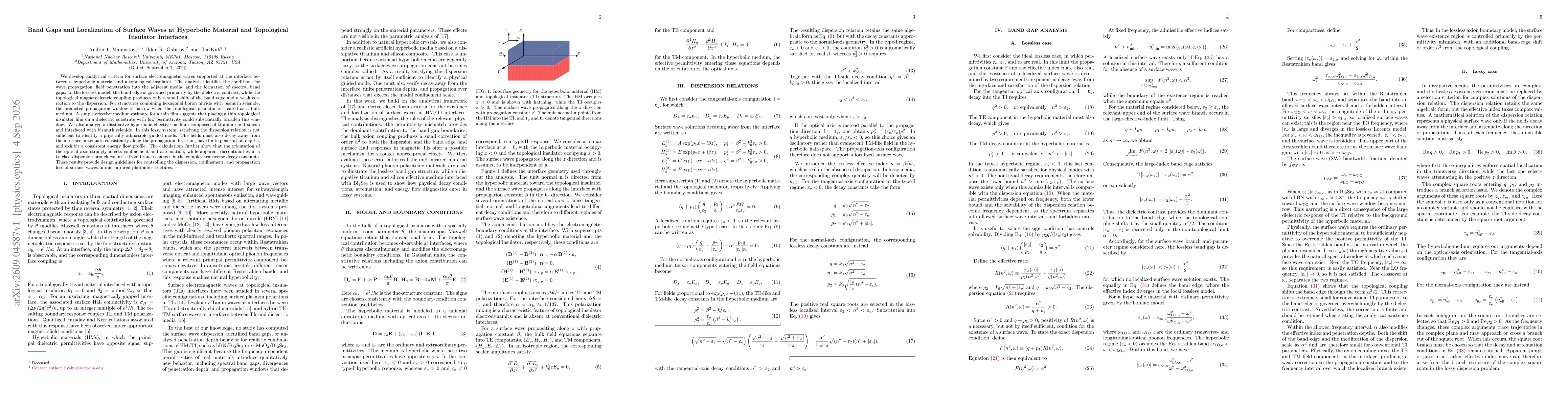 Thumbnail for Band Gaps and Localization of Surface Waves at Hyperbolic Material and Topological Insulator Interfaces