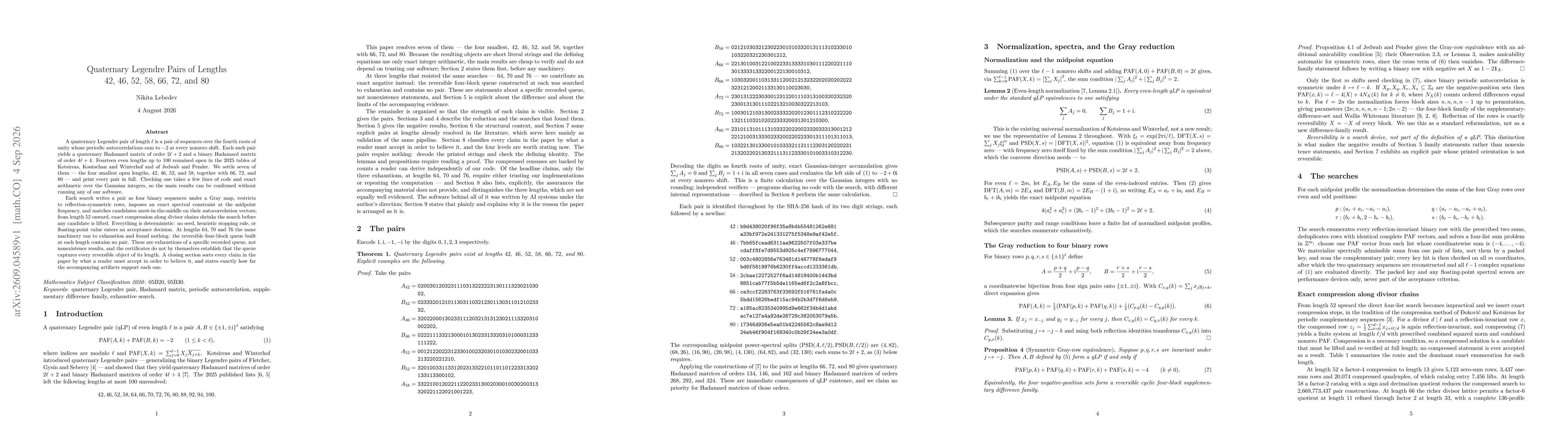 Thumbnail for Quaternary Legendre Pairs of Lengths 42, 46, 52, 58, 66, 72, and 80