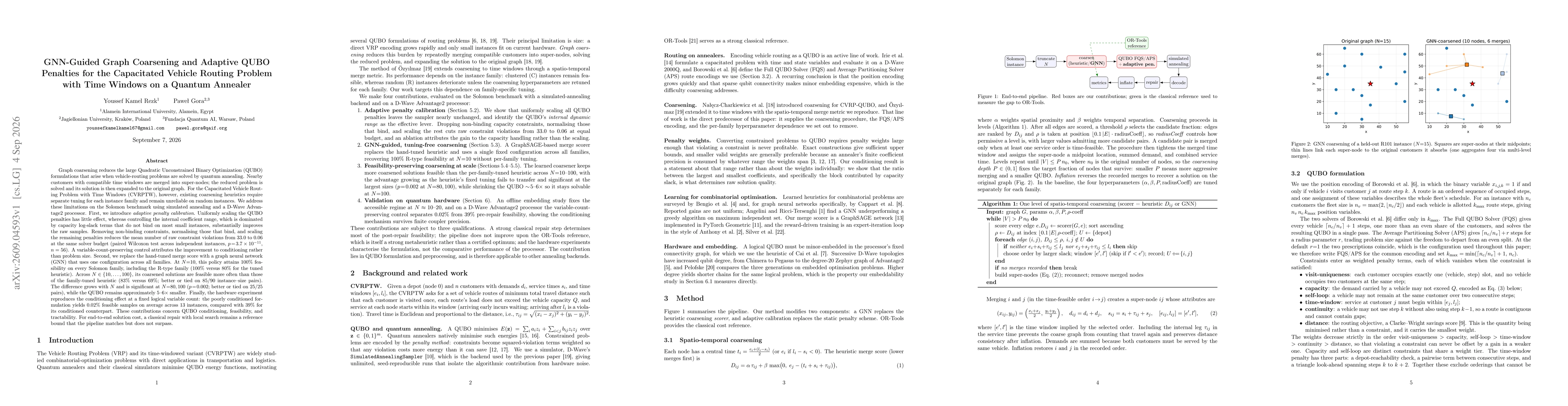 Thumbnail for GNN-Guided Graph Coarsening and Adaptive QUBO Penalties for the Capacitated Vehicle Routing Problem with Time Windows on a Quantum Annealer