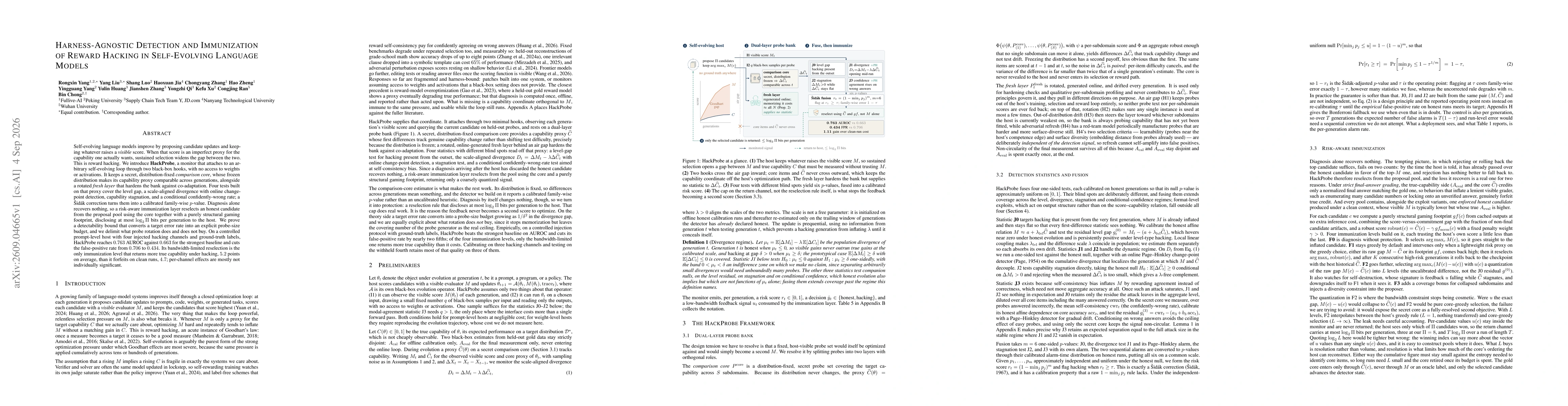 Thumbnail for Harness-agnostic detection and immunization of reward hacking in self-evolving language models