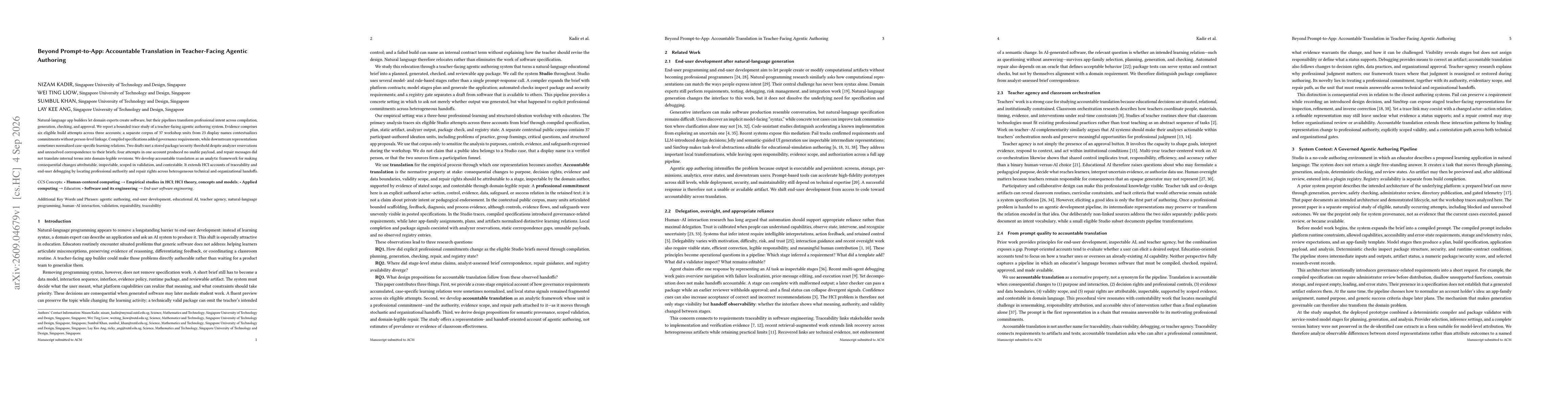 Thumbnail for Beyond Prompt-to-App: Accountable Translation in Teacher-Facing Agentic Authoring