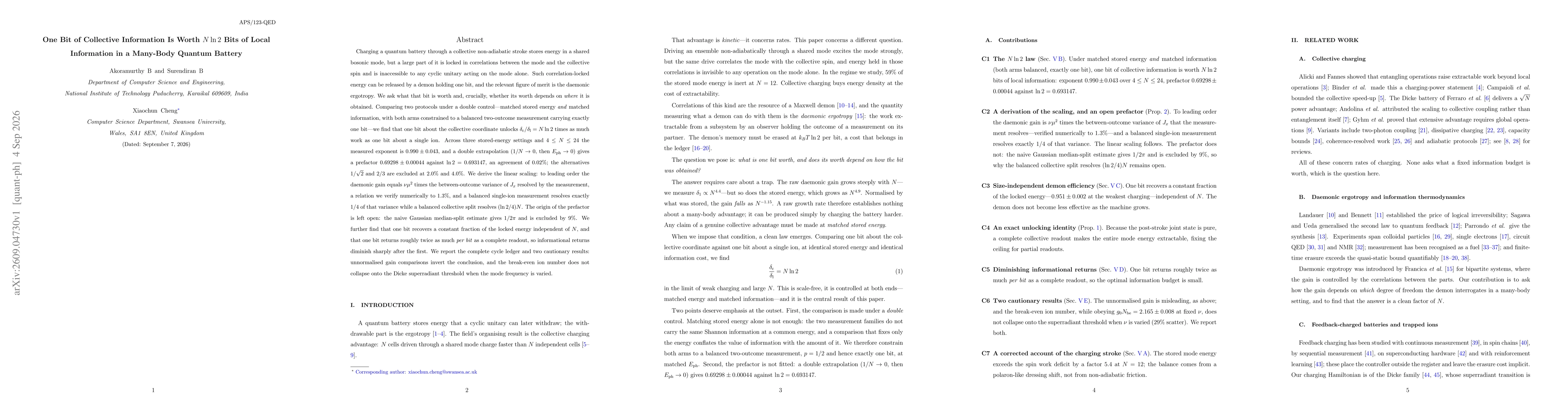 Thumbnail for One Bit of Collective Information Is Worth N ln 2 Bits of Local Information in a Many-Body Quantum Battery