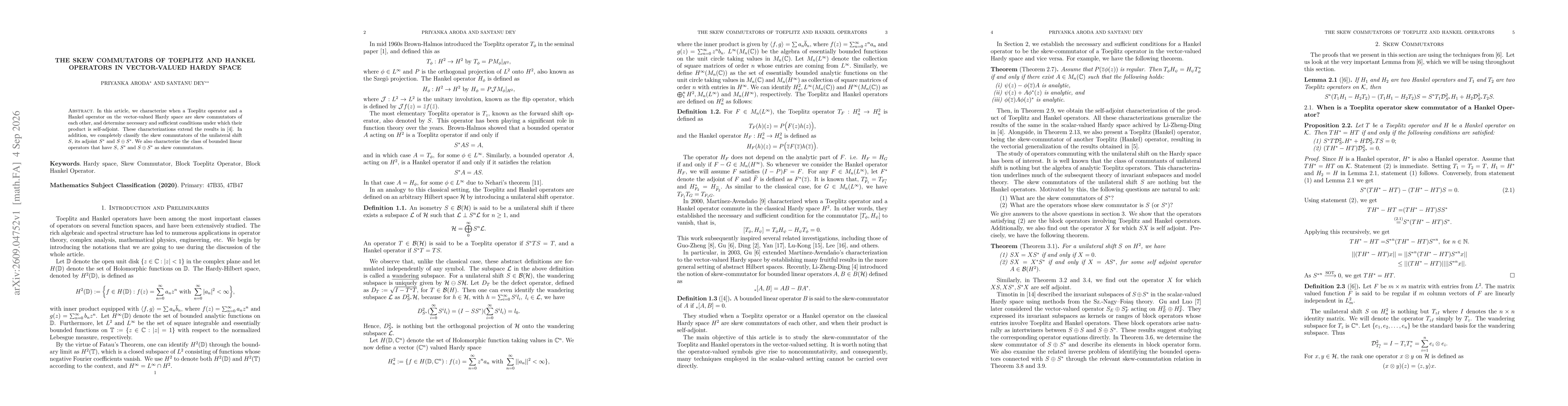 Thumbnail for The Skew Commutators of Toeplitz and Hankel operators in vector-valued Hardy Space