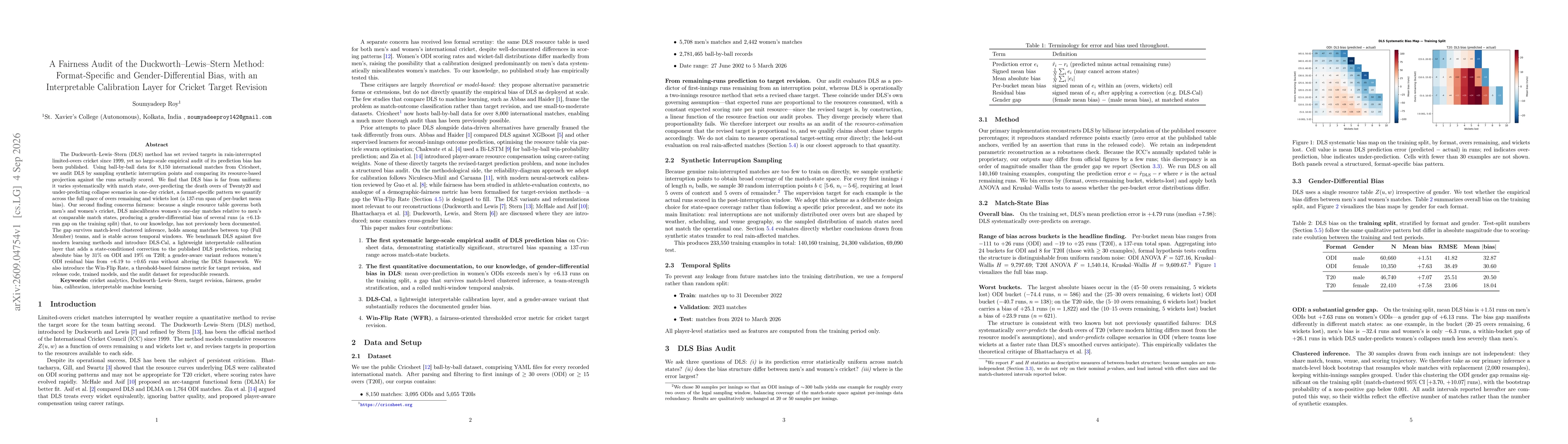 Thumbnail for A Fairness Audit of the Duckworth-Lewis-Stern Method: Format-Specific and Gender-Differential Bias, with an Interpretable Calibration Layer for Cricket Target Revision