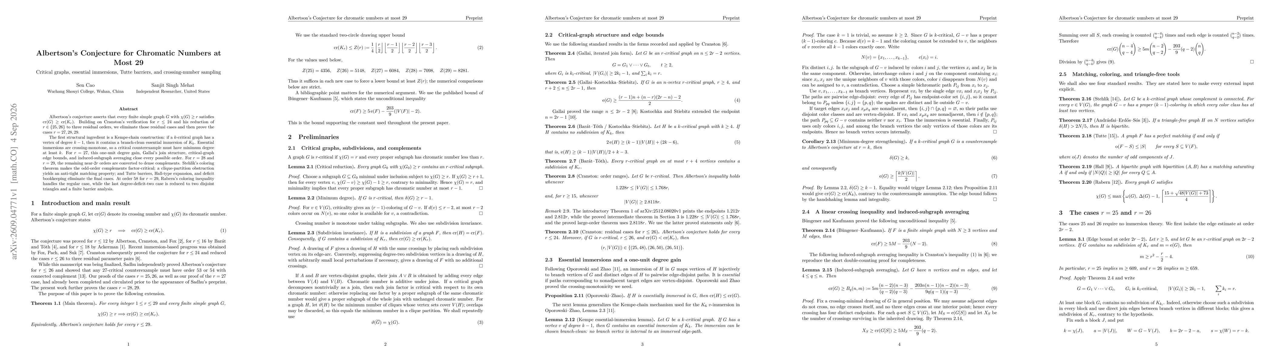 Thumbnail for Albertson's Conjecture for Chromatic Numbers at Most 29