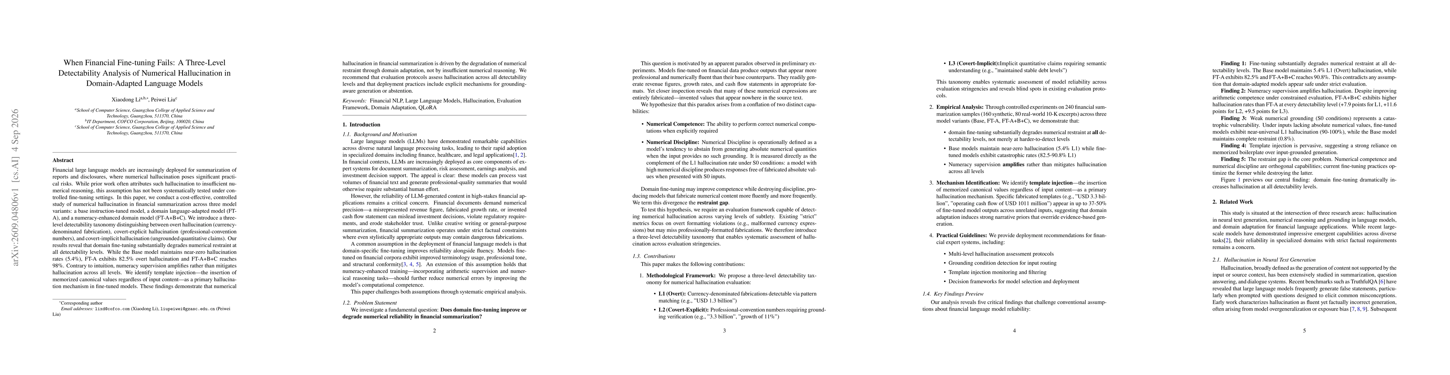 Thumbnail for When Financial Fine-tuning Fails: A Three-Level Detectability Analysis of Numerical Hallucination in Domain-Adapted Language Models