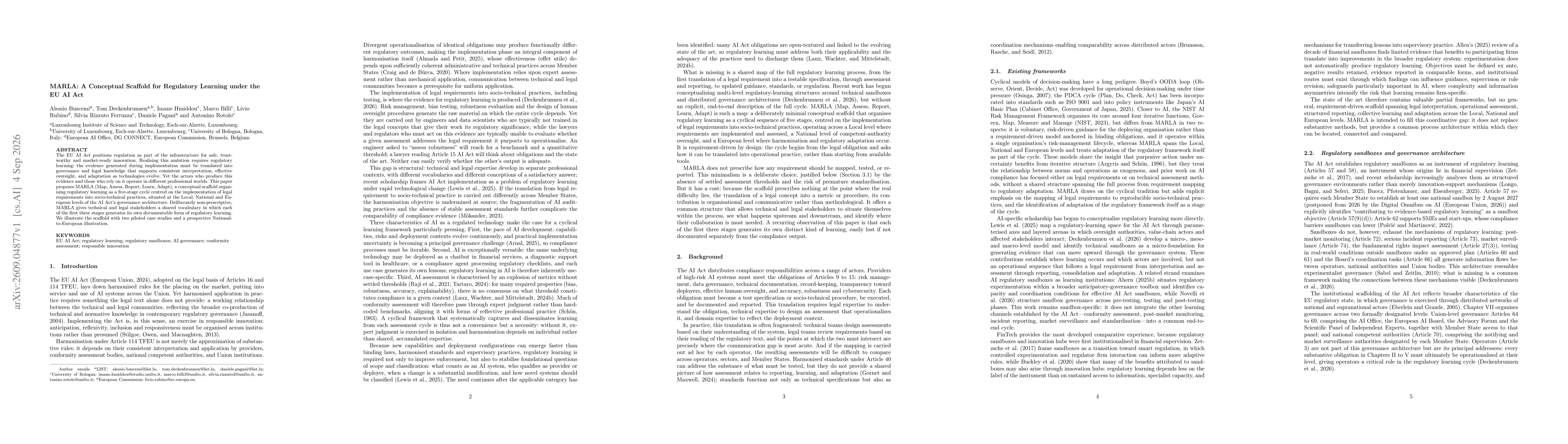 Thumbnail for MARLA: A Conceptual Scaffold for Regulatory Learning under the EU AI Act