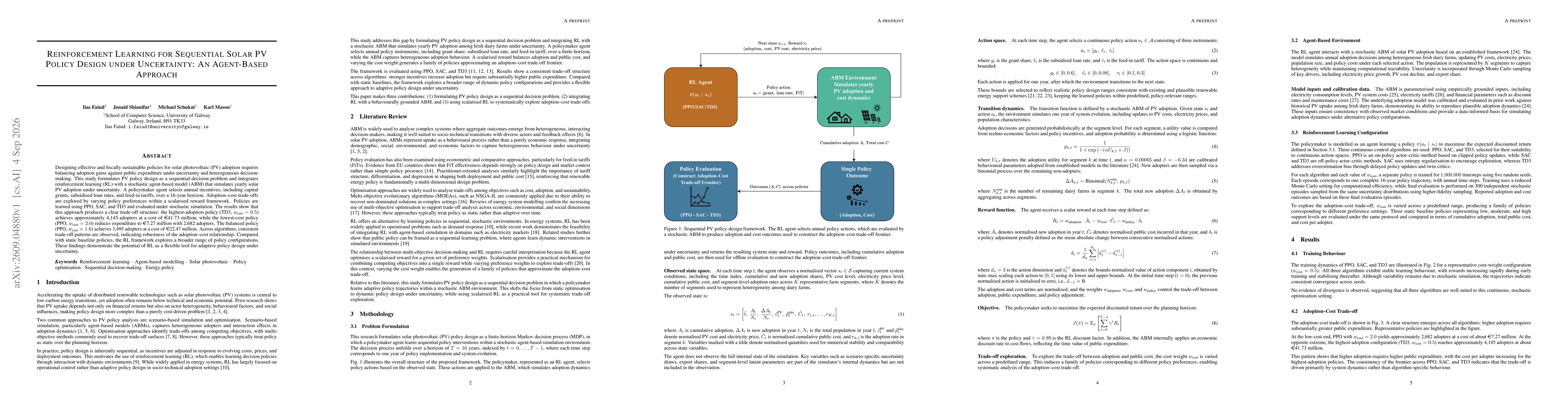 Thumbnail for Reinforcement Learning for Sequential Solar PV Policy Design under Uncertainty: An Agent-Based Approach