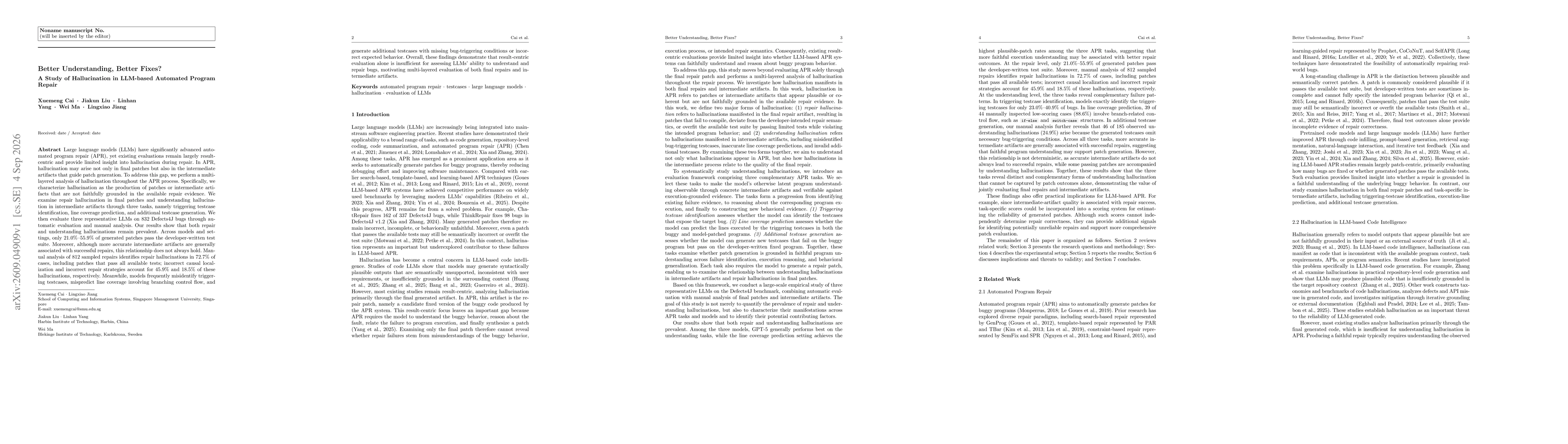 Thumbnail for Better Understanding, Better Fixes? A Study of Hallucination in LLM-based Automated Program Repair