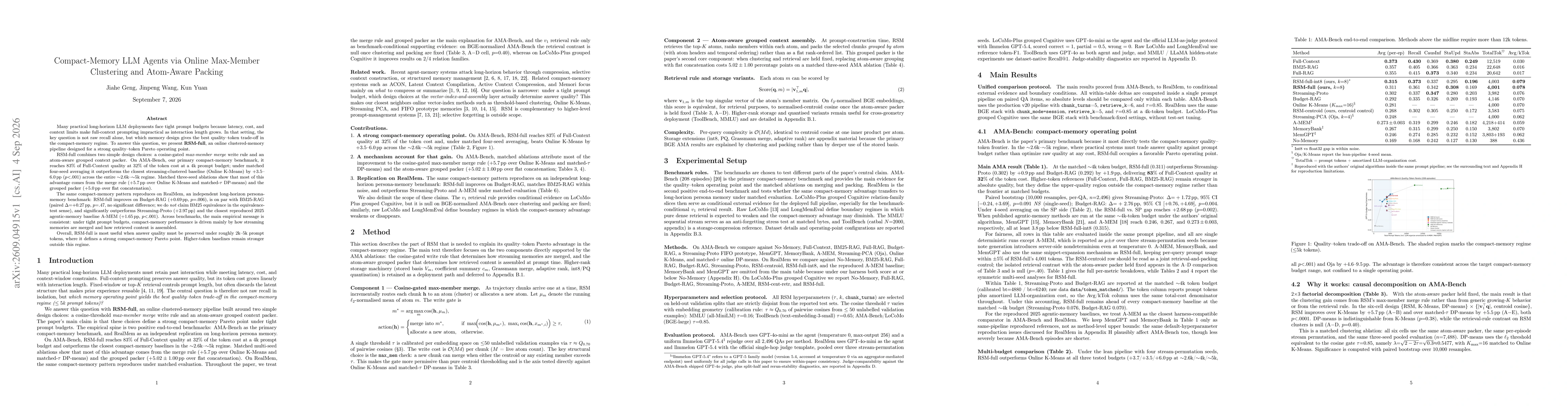Thumbnail for Compact-Memory LLM Agents via Online Max-Member Clustering and Atom-Aware Packing