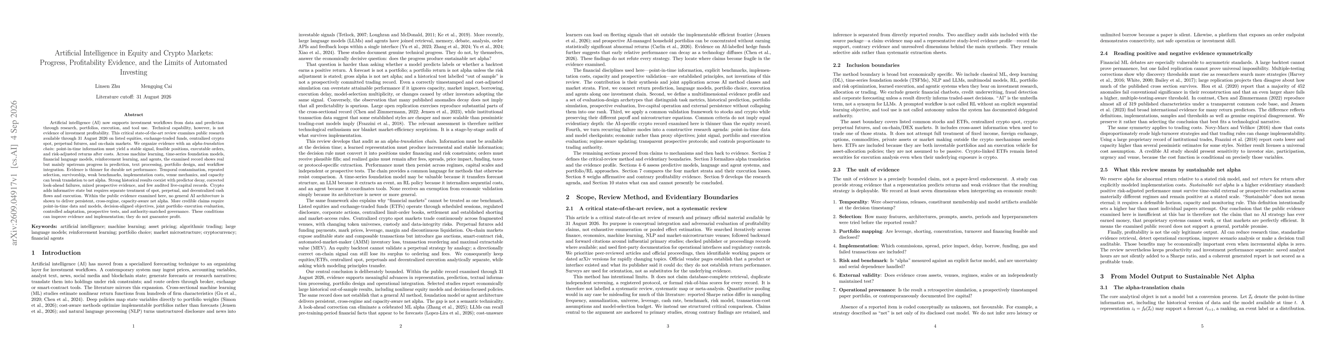 Thumbnail for Artificial Intelligence in Equity and Crypto Markets: Progress, Profitability Evidence, and the Limits of Automated Investing